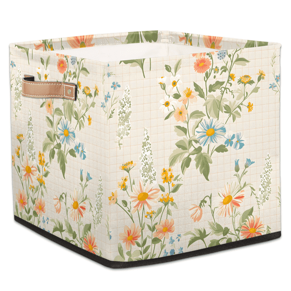 CURLYOOT Wildflowers Summer Cube Storage Bin, 13 x 13 x 13 Storage Cube Bins for Organizing, Floral Green Leaf Fabric Foldable Closet Baskets with Handles for Closet, Shelves, Clothes