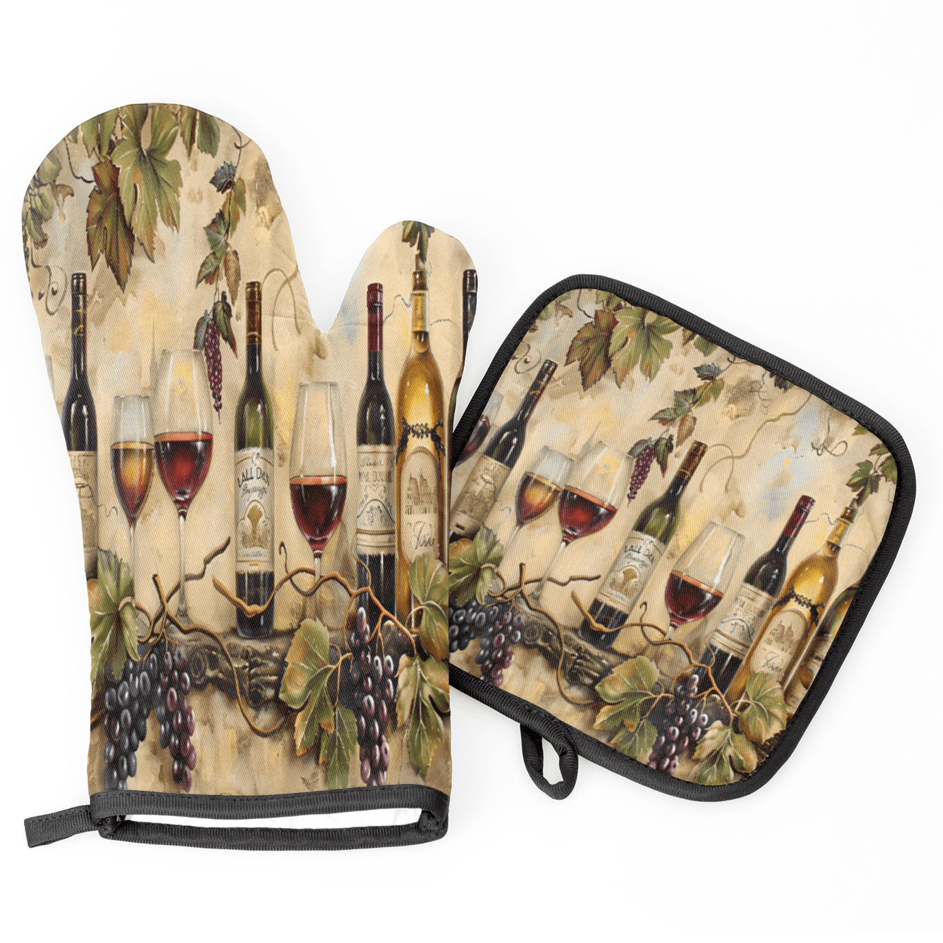 CURLYOOT Wine Themed Vintage Oven Mitts and Pot Holders Sets of 2, Non-Slip Washable Hot Pads and Oven Gloves for Kitchen Cooking Baking