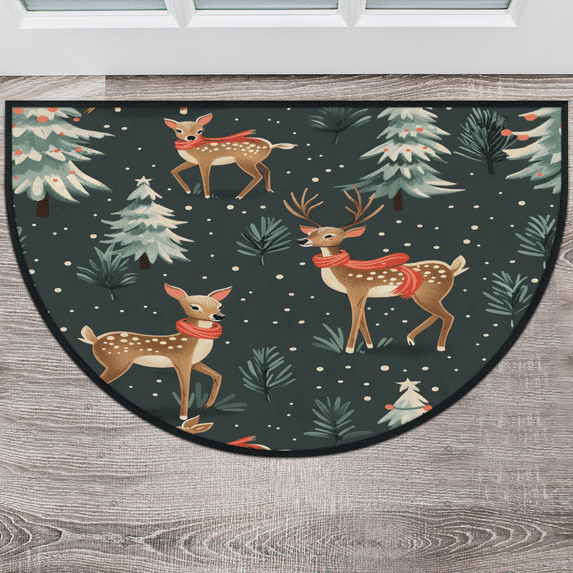 CURLYOOT Winter Forest Half Round Door Mat, Indoor Outdoor Entrance Rug, Cartoon Deer Semi Circular Area Rug, Non Slip Washable Absorbent Doormat, Laundry Room Rug 40'' x 63''