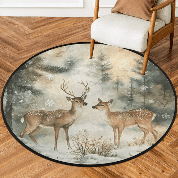 CURLYOOT Winter Wildlife Deer Forest 5.2ft Round Rug for Living Room, Large Washable Area Rug, Non Slip Floor Mat Indoor Rugs for Bedroom, Dining Room, Offices, Entryway