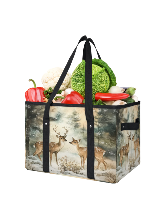 Winter Wildlife Deer Forest Reusable Grocery Bag, Large Foldable Grocery Totes Shopping Bag for Groceries, Shopping Bags with Handles for Kitchen Trunk Picnic