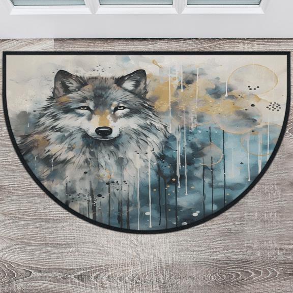 CURLYOOT Wolf Wildlife Half Round Door Mat 24'' x 36'', Indoor Outdoor Entrance Rug, Semi Circular Area Rug, Non Slip Washable Absorbent Doormat, Laundry Room Rug