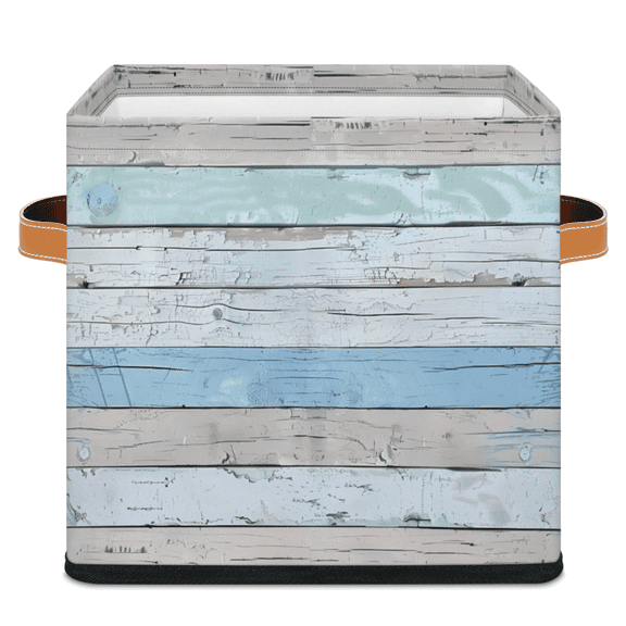 CURLYOOT Wooden Print 11 x 11 Inch Cube Storage Bin, Fabric Storage Cube Foldable Basket with Leather Handles, Organizer Basket for Closet Shelves