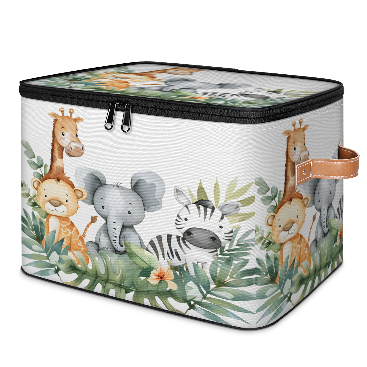 CURLYOOT Woodland Jungle Funny Cute Animals Fabric Storage Bins with Lids, Foldable Storage Boxes Washable Storage Cube, Closet Bedroom Home Organizer Containers with PU Leather Handles