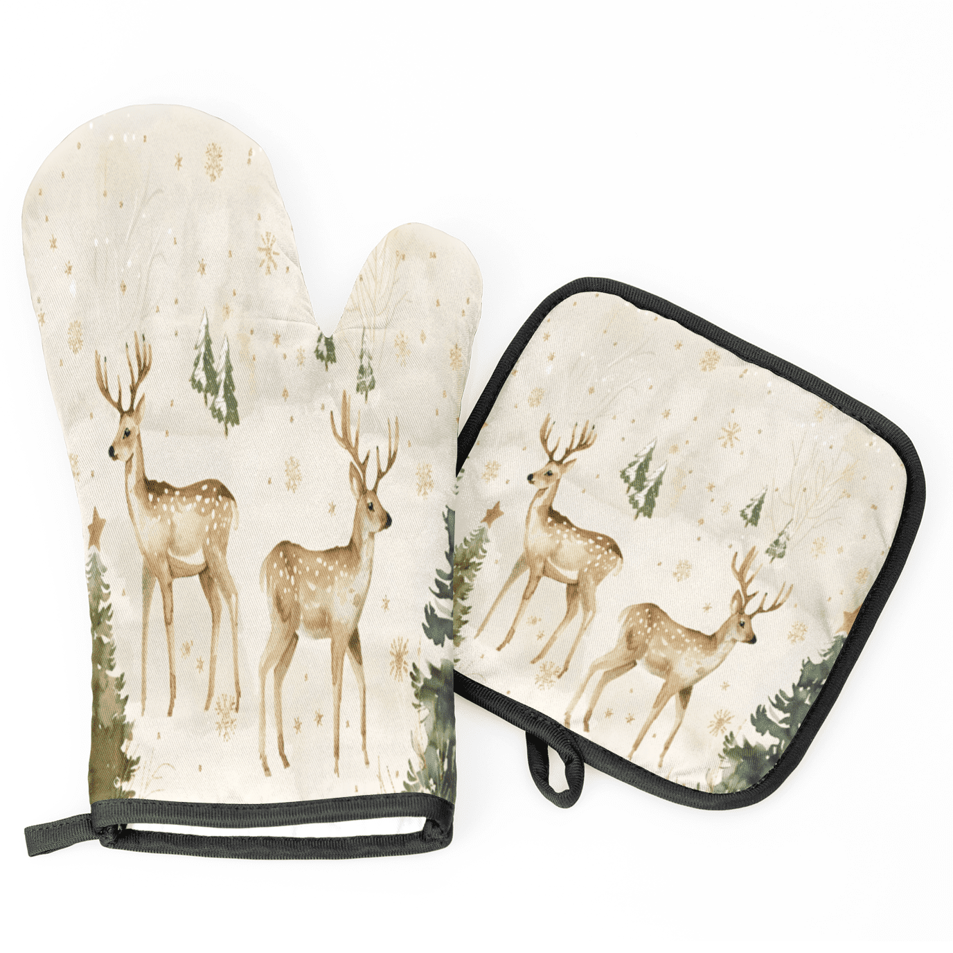 CURLYOOT Xmas Deer Animals Oven Mitts and Pot Holders Sets of 2, Non-Slip Washable Hot Pads and Oven Gloves for Kitchen Cooking Baking