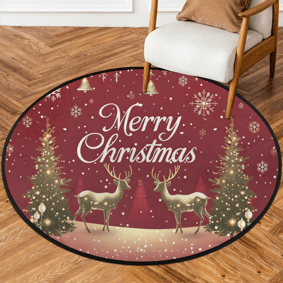 CURLYOOT Xmas Deer Winter 5.2ft Round Rug for Living Room, Large Washable Area Rug, Non Slip Floor Mat Indoor Rugs for Bedroom, Dining Room, Offices, Entryway