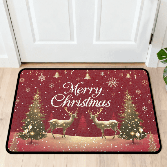 CURLYOOT Xmas Deer Winter Front Door Mat, Washable Non-Slip Door Mat, Indoor Outdoor Floor Mats Absorbent Welcome Doormat for Entrance 20" x 30"