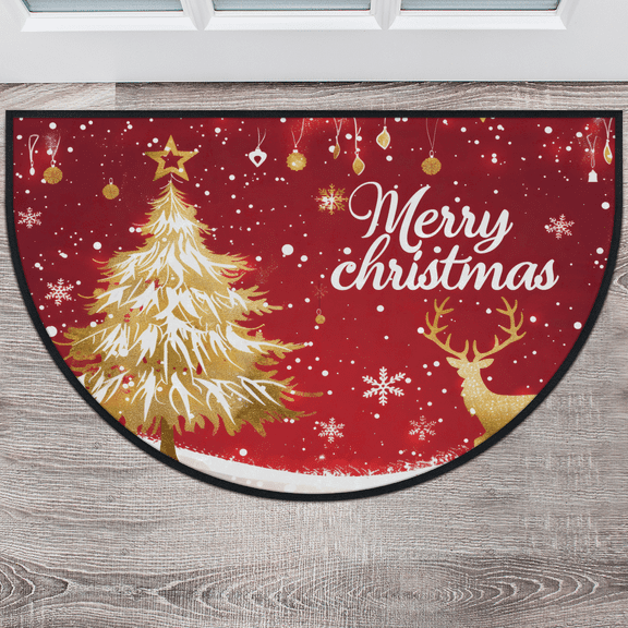 CURLYOOT Xmas Holiday Deer and Tree Half Round Door Mat 40'' x 63'', Indoor Outdoor Entrance Rug, Semi Circular Area Rug, Non Slip Washable Absorbent Doormat, Laundry Room Rug