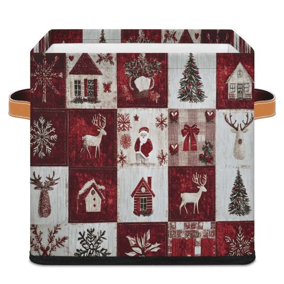 CURLYOOT Xmas House and Animal Tree 11 x 11 Inch Cube Storage Bin, Fabric Storage Cube Foldable Basket with Leather Handles, Organizer Basket for Closet Shelves