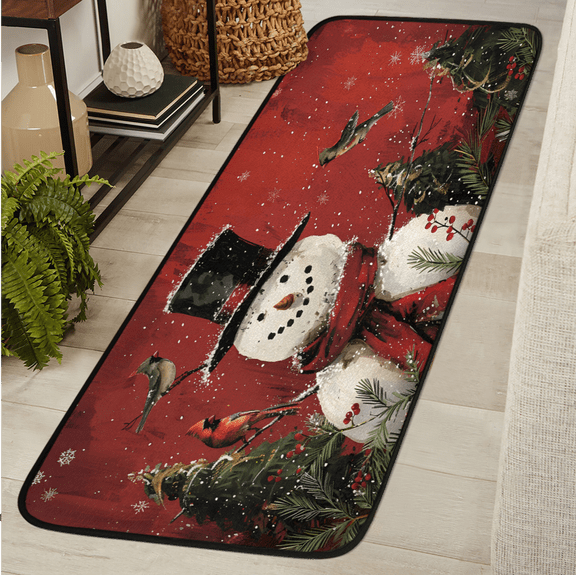 CURLYOOT Xmas Snowman Winter with Birds Runner Rug 2'x6' Washable Kitchen Runner Rug Indoor Non Slip Laundry Rugs Floor Carpet for Hallway Kitchen Entryway Bedroom Living Room