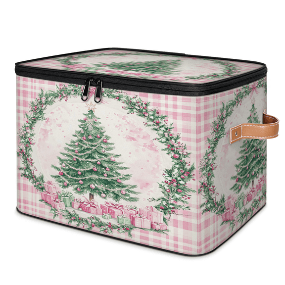 CURLYOOT Xmas Tree Cute Pinks Storage Bins with Lid, Decorative Fabric Storage Boxes, Foldable Closet Shelf Organizer Baskets for Bedroom, Living Room, Home