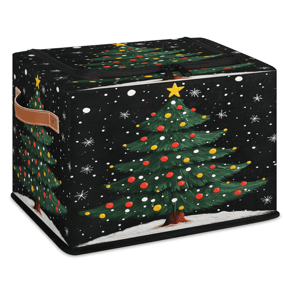 CURLYOOT Xmas Tree Cute Winter Storage Bin with Zipper Lid, Foldable Clothes Organizer Lidded Storage Baskets, Rectangular Box Closet Shelf Organizer
