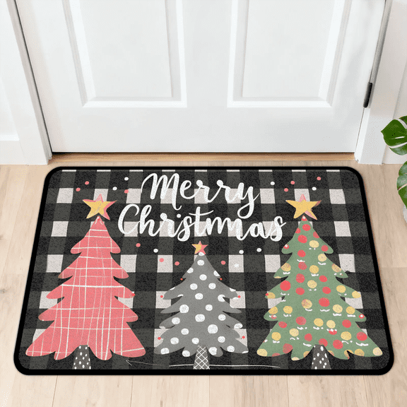 CURLYOOT Xmas Trees Buffalo Plaid Black Indoor Doormat, Non-Slip Absorbent Door Mat 24" x 16", Entrance Floor Mat Washable Entry Doormats for Entryway Front Back Door
