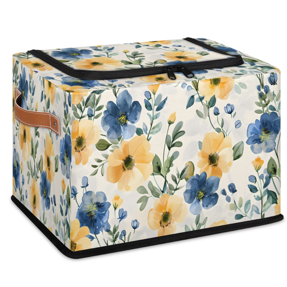 CURLYOOT Yellow and Blue Floral Plant Storage Bin With Zipper Lid, Foldable Clothes Organizer Lidded Storage Baskets, Rectangular Box Closet Shelf Container Organizer for Home Dorm
