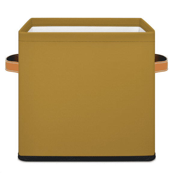 CURLYOOT Yellow Brown 11 x 11 Inch Cube Storage Bin, Decorative Storage Cube Foldable Basket with Leather Handle, Fabric Bin for Closet Shelves Home Organizer