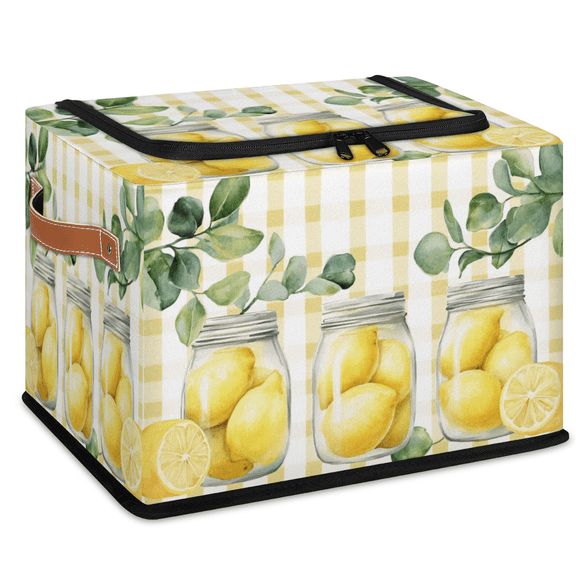 CURLYOOT Yellow Lemon and Leaves Storage Bin With Zipper Lid, Foldable Clothes Organizer Lidded Storage Baskets, Rectangular Box Closet Shelf Organizer for Bedroom Living Room