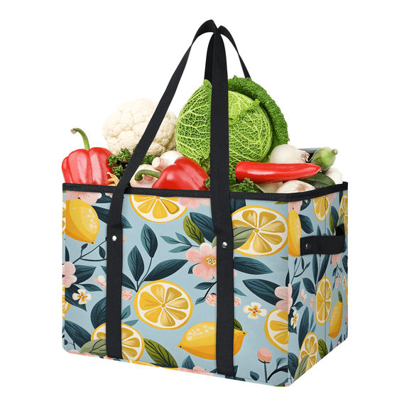 CURLYOOT Yellow Lemon Reusable Grocery Bag, Large Foldable Grocery Totes Shopping Bag for Groceries, Floral Fruit Shopping Bags with Handles for Kitchen Trunk Picnic