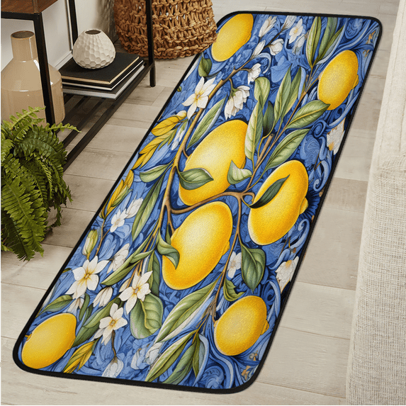 CURLYOOT Yellow Lemon Runner Rug 2'x6' Washable Kitchen Runner Rug Indoor Non Slip Laundry Rugs Blue Floral Leaves Floor Carpet for Hallway Kitchen Entryway Bedroom Living Room