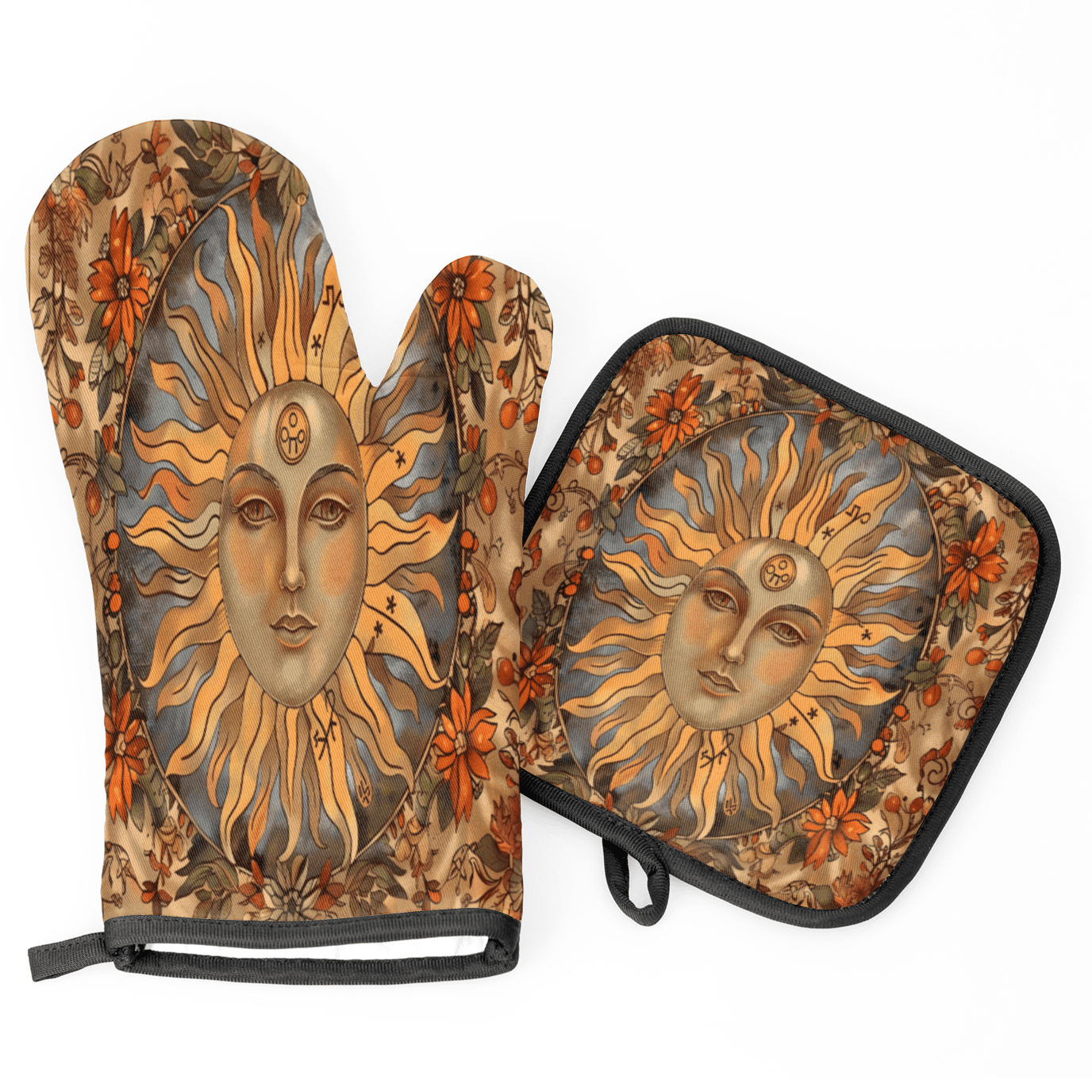 CURLYOOT Yellow Sun And Moon Boho Oven Mitts and Pot Holders Sets of 2, Non-Slip Washable Hot Pads and Oven Gloves for Kitchen Cooking Baking