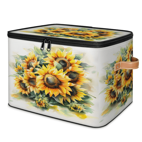 CURLYOOT Yellow Sunflower Fabric Storage Bins with Lids, Spring Flower Foldable Storage Boxes Washable Storage Cube, Closet Bedroom Home Organizer Containers with PU Leather Handles
