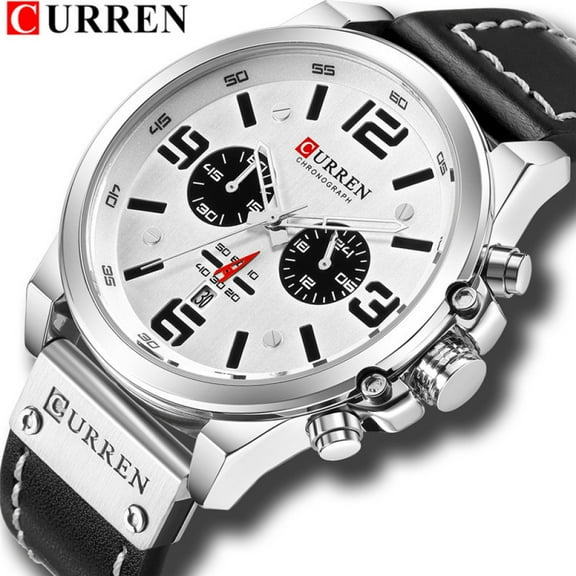 CURREN 8314 Men White Chronograph Analog Quartz Leather Sports Watch Waterproof Date Wristwatch