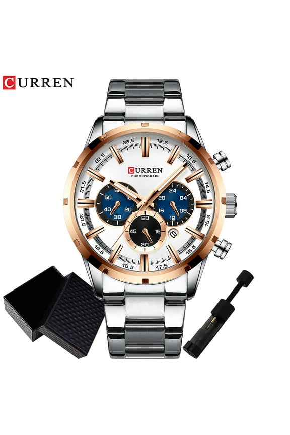 CURREN 8355 Men White Chronograph Analog Quartz Stainless Steel Waterproof Luxury Watch Sports Wristwatch