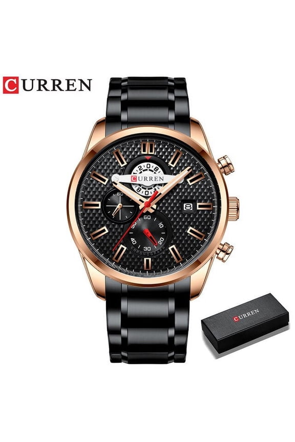 CURREN Casual Chronograph Black Watches Men Quartz Wristwatch Stainless Steel Band Clock Luminous Hands
