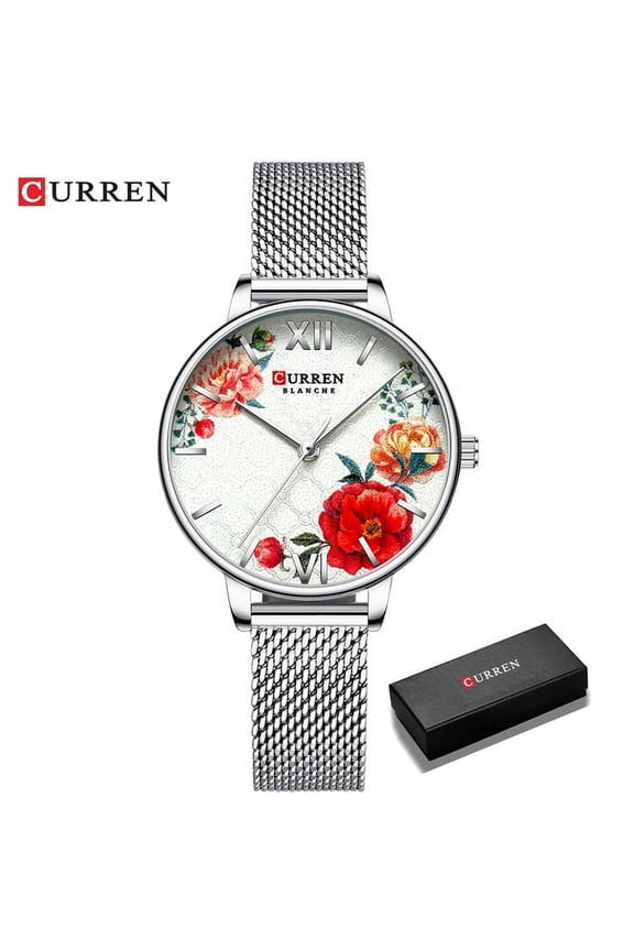 CURREN Charming Flower Design Watches Women Fashion Casual Leather Wristwatch Ladies Watch Female Clock Women's Quartz Watch