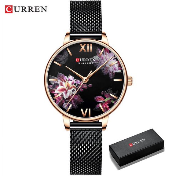 CURREN Charming Flower Design Watches Women Fashion Casual Leather Wristwatch Ladies Watch Female Clock Women's Quartz Watch