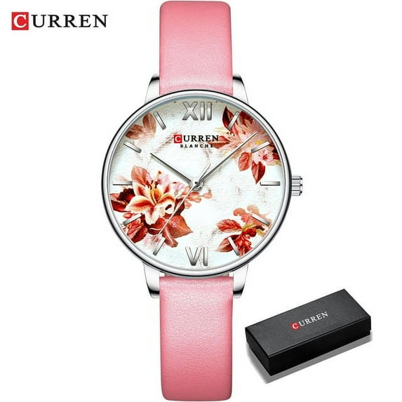 CURREN Charming Flower Design Watches Women Fashion Casual Leather Wristwatch Ladies Watch Female Clock Women's Quartz Watch