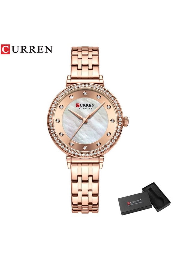 CURREN Elegant Thin Quartz Charming Wristwatches for Women Stainless Steel Band with Shell Dial Shiny Rhinetone Watches