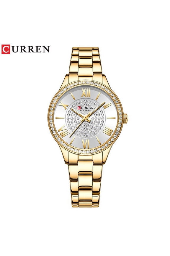 CURREN Luxury Brand Golden Dial Watches for Women with Stainless Steel Band Fashion Rhinestones Ladies Wristwatch with Luminous