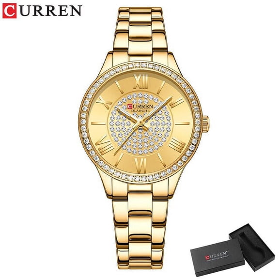 CURREN Luxury Brand Golden Dial Watches for Women with Stainless Steel Band Fashion Rhinestones Ladies Wristwatch with Luminous