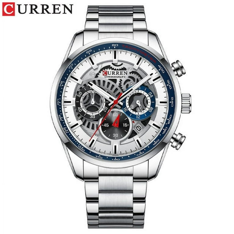 Curren New Fashion Wristwatches for Men Casual Luminous Black Watch Green Face with Stainless Steel Band Chonograph Clock - Quartz Wristwatches, Men's