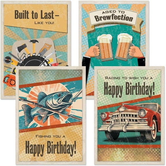 CURRENT Retro Birthday Cards Set Set of 8, Large 5 x 7 Inch Cards, Sentiments Inside, Envelopes Included
