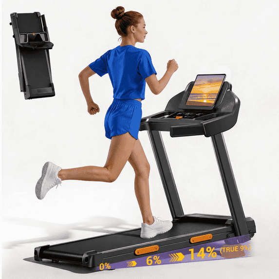 CURSOR FITNESS 4-in-1 14% Incline Folding Treadmill for Home, 3.0HP Quiet Motor, 300 lbs Capacity, 7-Layer Shock Absorption, 3 LED Displays and Handrails