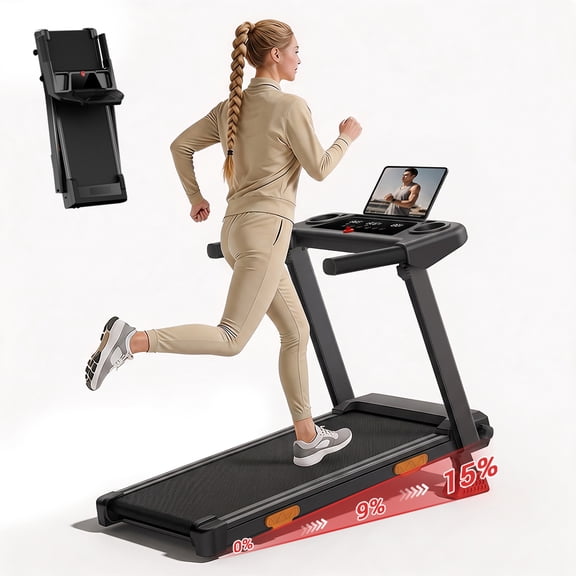 CURSOR FITNESS 4-in-1 15% Incline Folding Treadmill for Home, 3.0HP Quiet Motor with 7-Layer Shock Absorption, 300 lbs Capacity, 3 LED Displays with Handrails