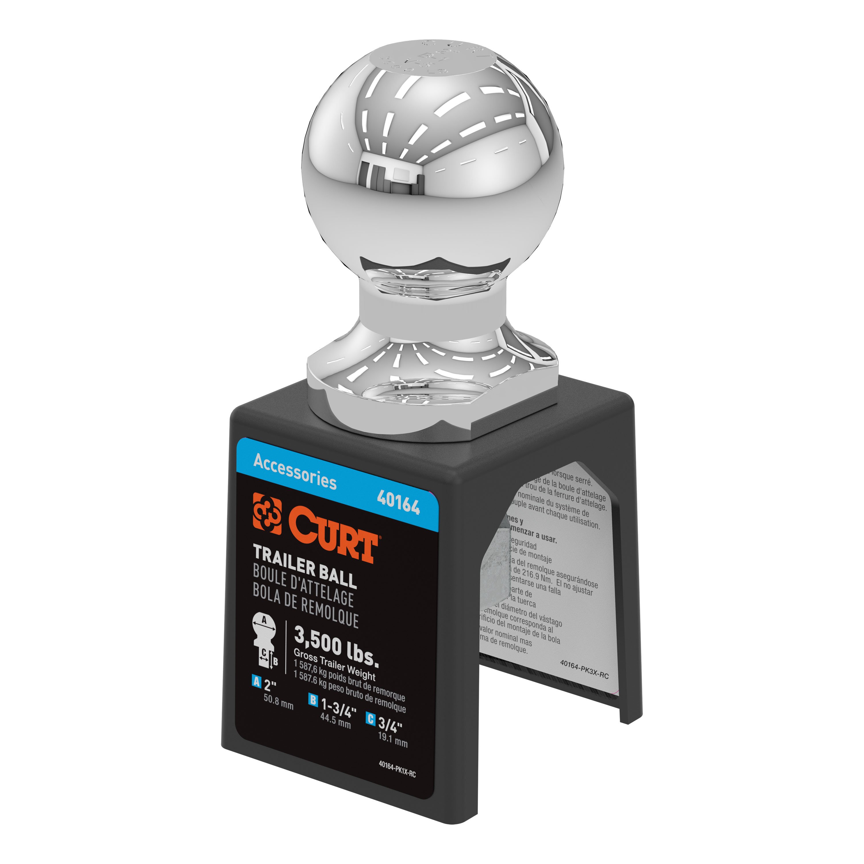 CURT 2" Chrome Trailer Ball  - Shank: 3/4" Diameter, 1-3/4" long - Capacity: 3,500 lbs, 1 each, sold by each