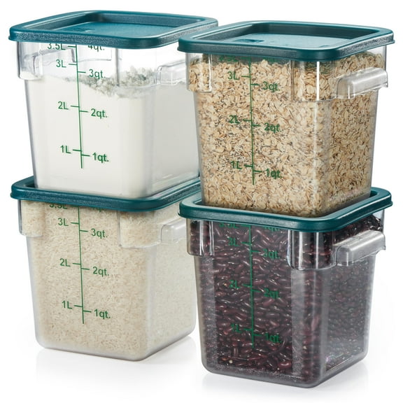 CURTA 4 Pack Food Storage Container with Green Lid - NSF Commercial Grade in 4.0 Qt - Square, Clear, Polycarbonate