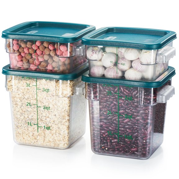 CURTA 4-Pack Food Storage Containers with Green Lids - 2 Qt & 4 Qt Square Clear Polycarbonate - NSF Listed, Commercial Grade, Freezer & Dishwasher Safe, Stackable