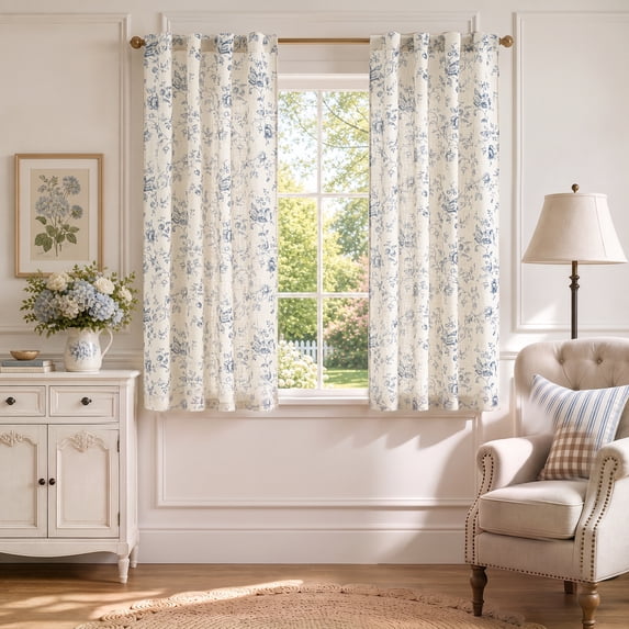 CURTAINKING Blue Floral Linen Blend Curtains Light Filtering 63 Inch Window Curtains for Bedroom Living Room Farmhouse Cottage Style Window Treatment Rod Pocket