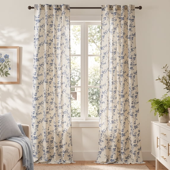 CURTAINKING Blue Floral Linen Blend Curtains Light Filtering 96 Inch Curtains for Living Room Bedroom Farmhouse Vintage Window Treatment Rod Pocket