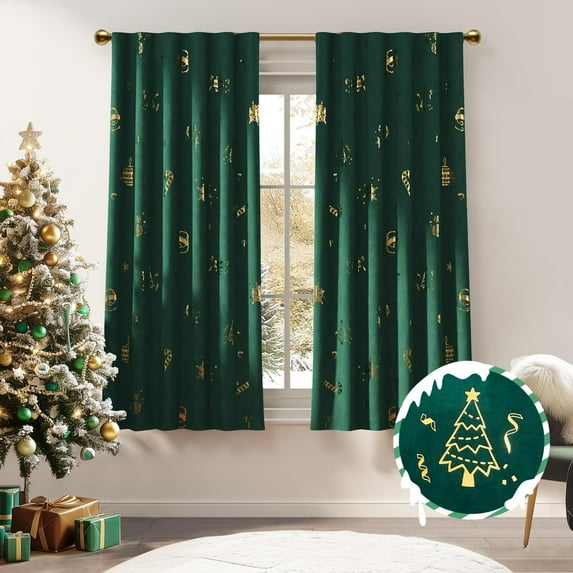 CURTAINKING Christmas Velvet Blackout Curtains 63 inches Length Rod Pocket Window Curtains Holiday Decor for Bedroom Living Room Golden Foil on Green