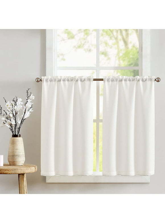CURTAINKING Cream White Kitchen Curtains 24 inch Linen Textured Cafe Curtains for Bathroom Farmhouse Light Filtering Tier Curtains Rod Pocket 2 Panels