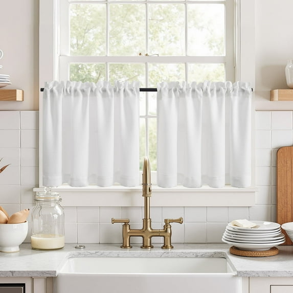 CURTAINKING Cream White Kitchen Curtains 24 inch Linen Textured Cafe Curtains for Bathroom Farmhouse Light Filtering Tier Curtains Rod Pocket 2 Panels