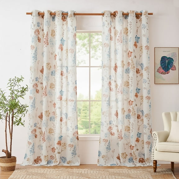 CURTAINKING Farmhouse Linen Curtains for Living Room Bedroom Floral Patterned Light Filtering Linen Blend Curtain Burlap Effect Drape Window Treatments 2 Panels Red Blue and Taupe
