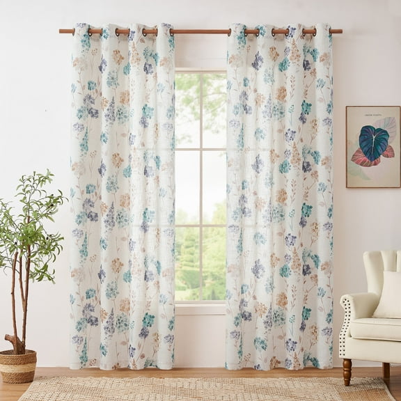 CURTAINKING Farmhouse Linen Curtains for Living Room Bedroom Floral Patterned Light Filtering Linen Blend Curtain Burlap Effect Drape Window Treatments 2 Panels Green Dark Blue and Tan