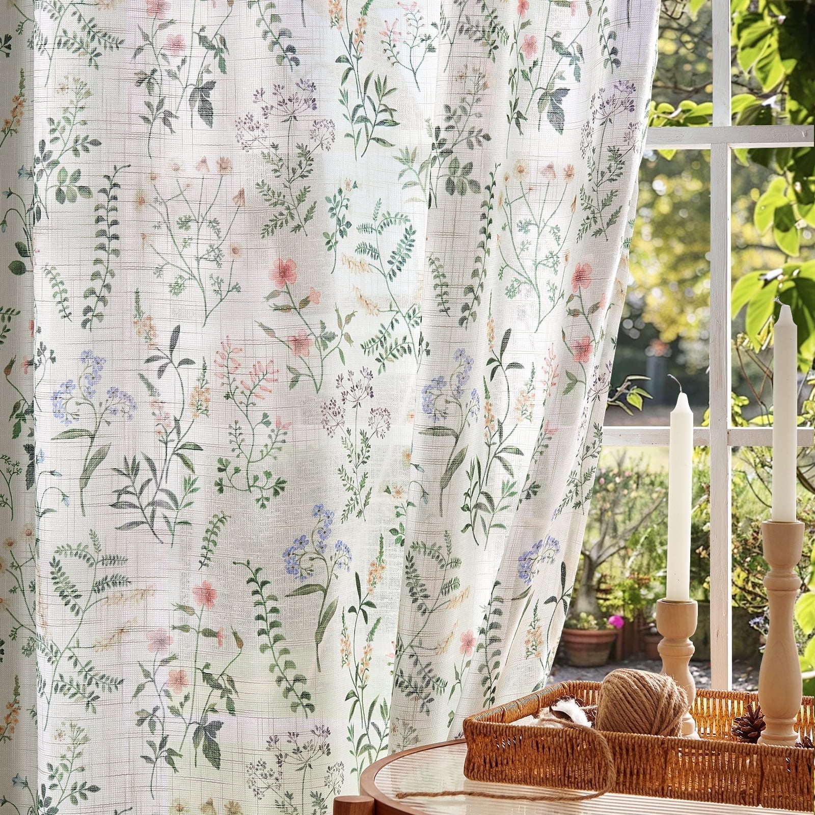CURTAINKING Floral Curtains Farmhouse Green Curtain 90 Inches Long for Bedroom French Country Back Tab Drapes Plants Printed Light Filtering Window Treatment Curtains Set, 2 Panels