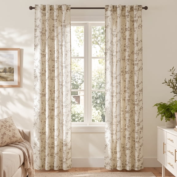 CURTAINKING Floral Linen Blend Curtains Light Filtering 84 Inch Curtains for Living Room Bedroom Farmhouse Vintage Window Treatment Rod Pocket Taupe