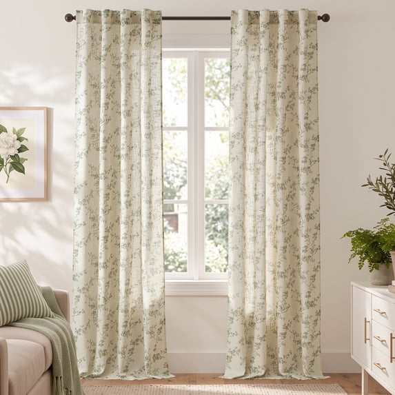 CURTAINKING Floral Linen Blend Curtains Light Filtering 96 Inch Window Curtains for Living Room Bedroom Farmhouse Vintage Window Treatment Rod Pocket Green